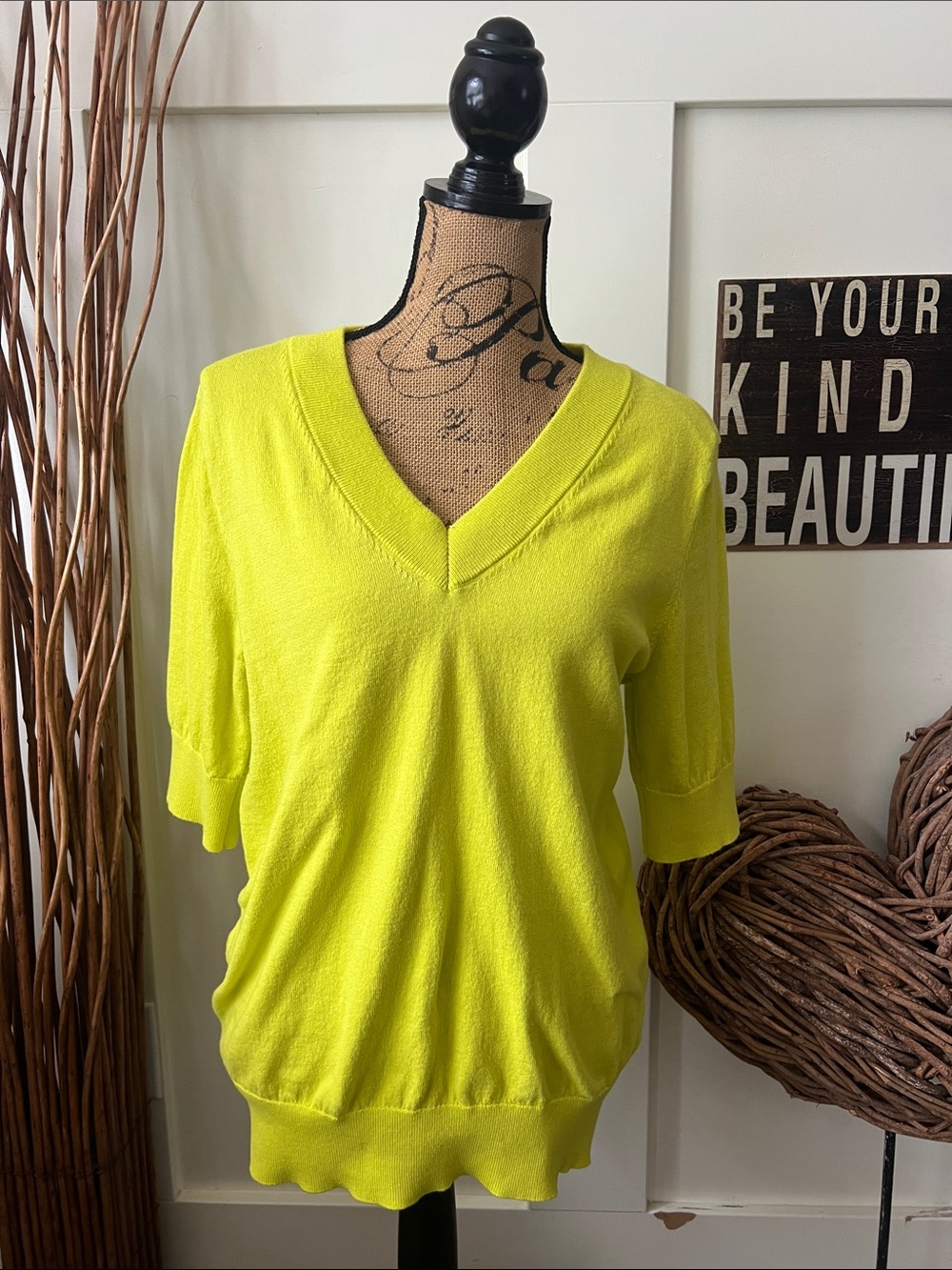 DKNY Neon Yellow V-Neck Short Sleeve Sweater
